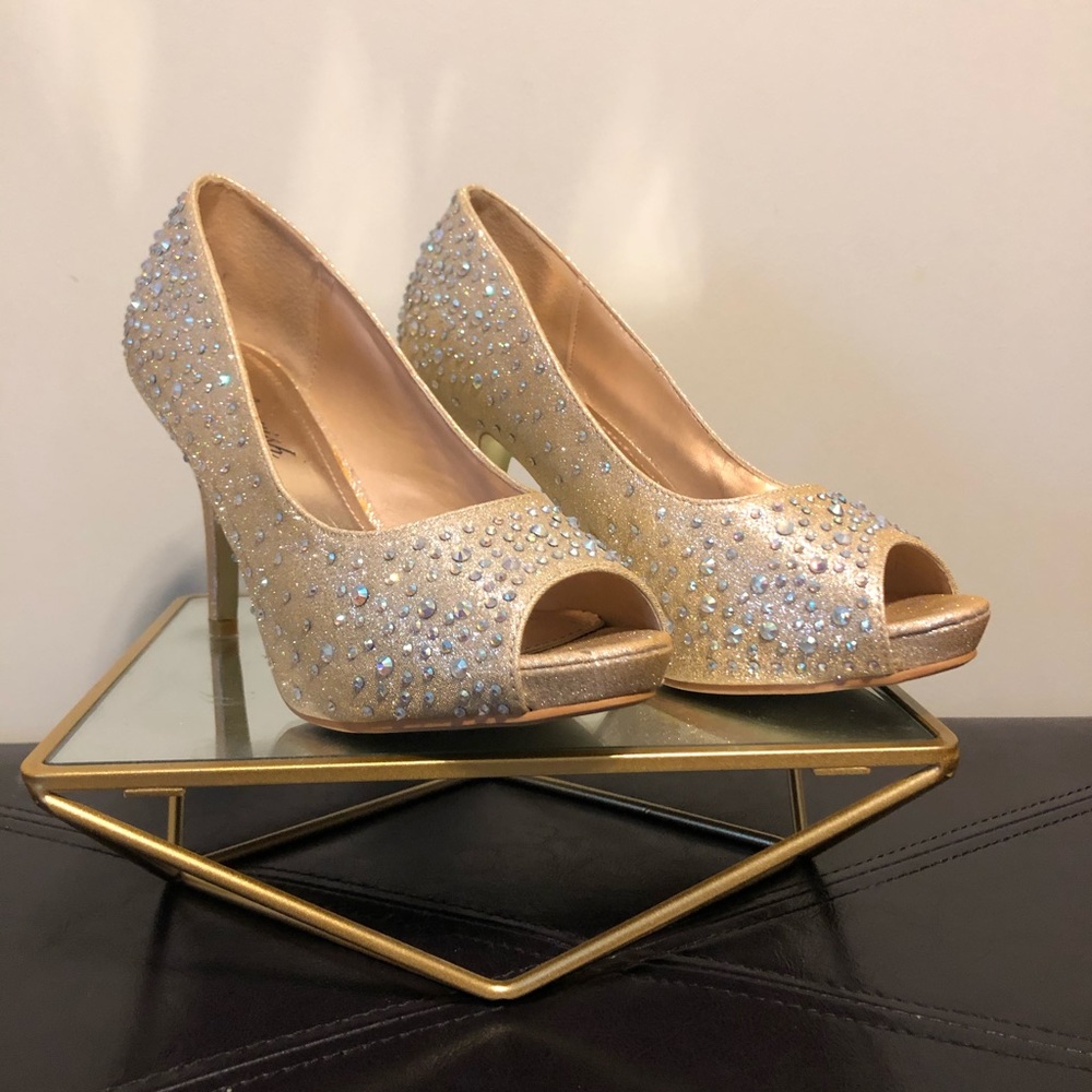 Glitter Rose Gold Peep Toe Pumps with Rhinestones